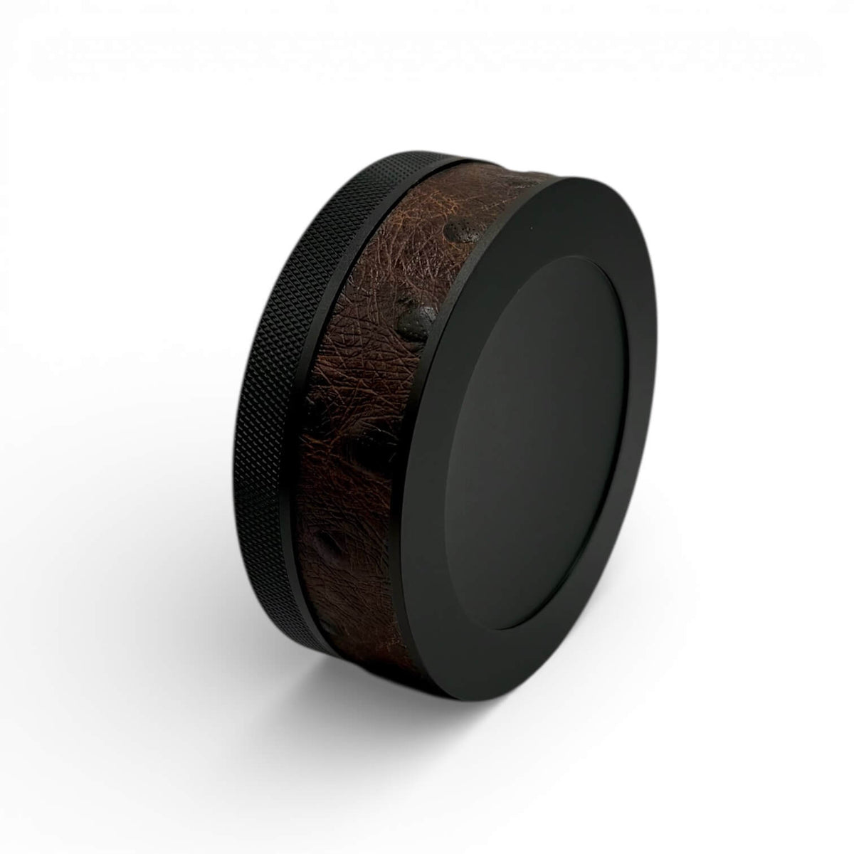 Black on Embossed Brown Ostrich Ruk Can