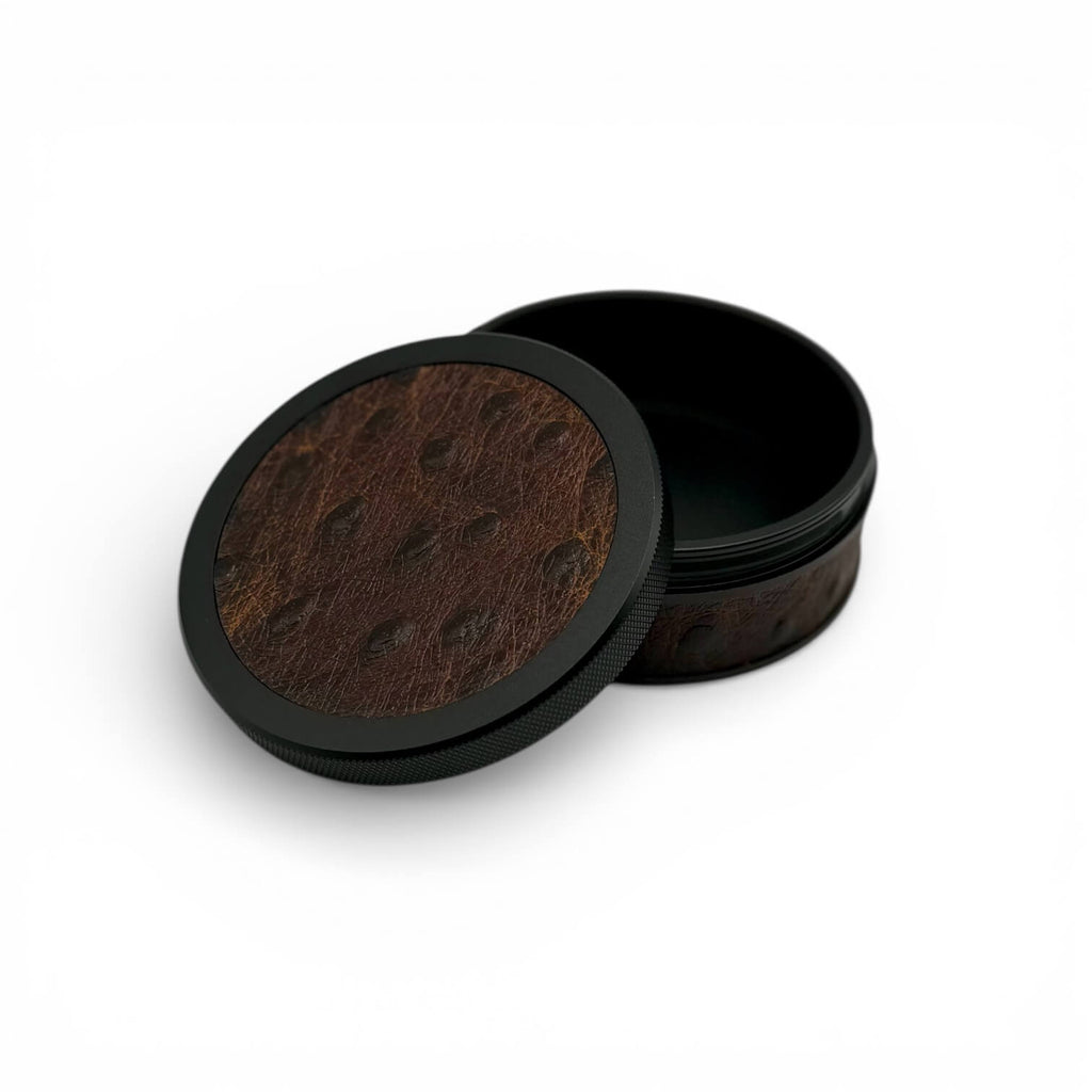 Black on Embossed Brown Ostrich Ruk Can
