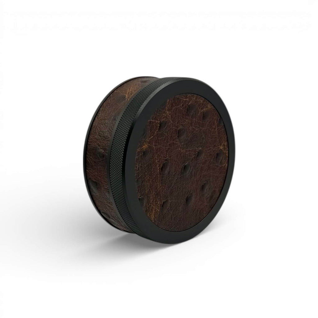 Black on Embossed Brown Ostrich Ruk Can