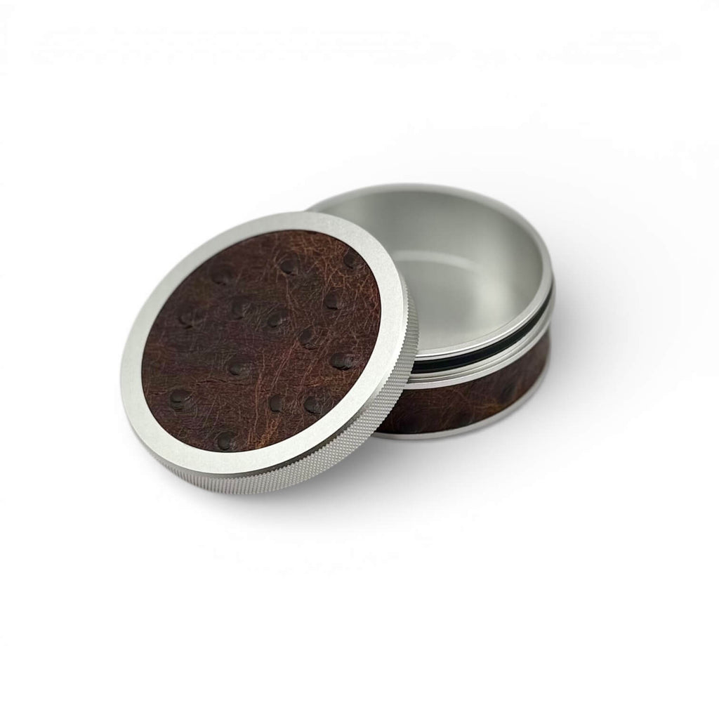Silver on Embossed Brown Ostrich Ruk Can