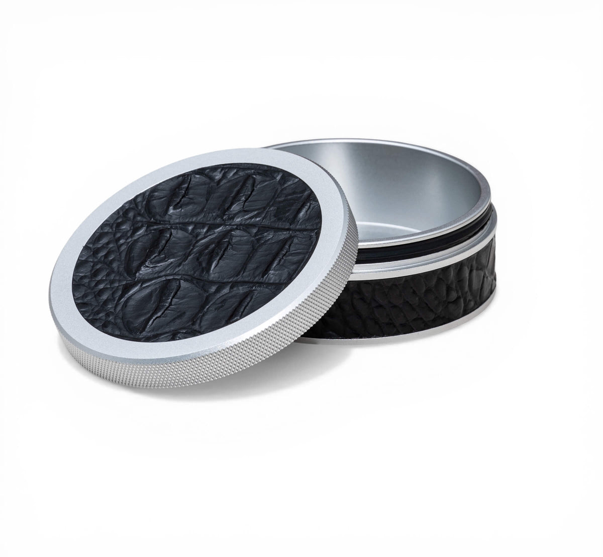 Silver on Embossed Black Croc Leather Ruk Can