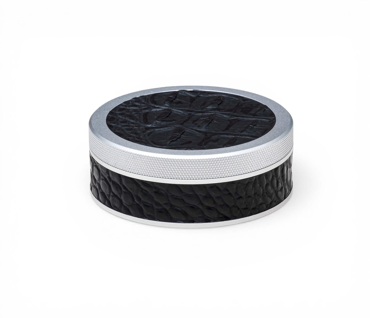 Silver on Embossed Black Croc Leather Ruk Can