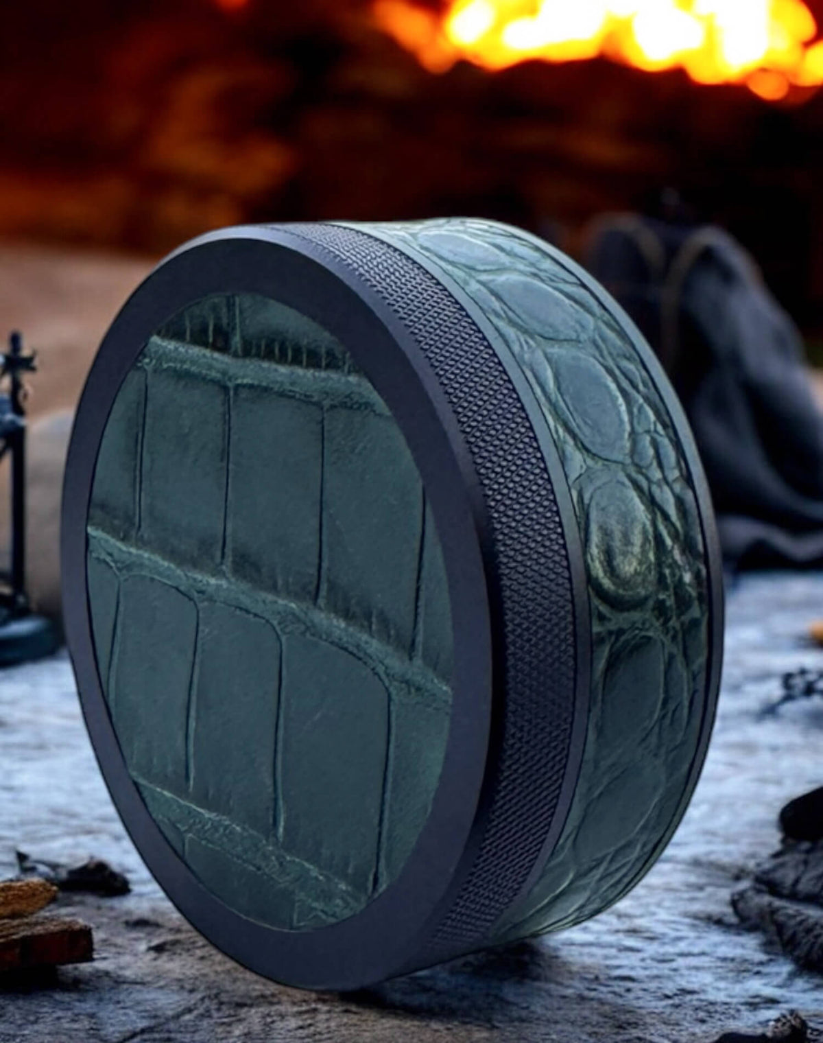 Black on Green Embossed Croc Leather Ruk Can