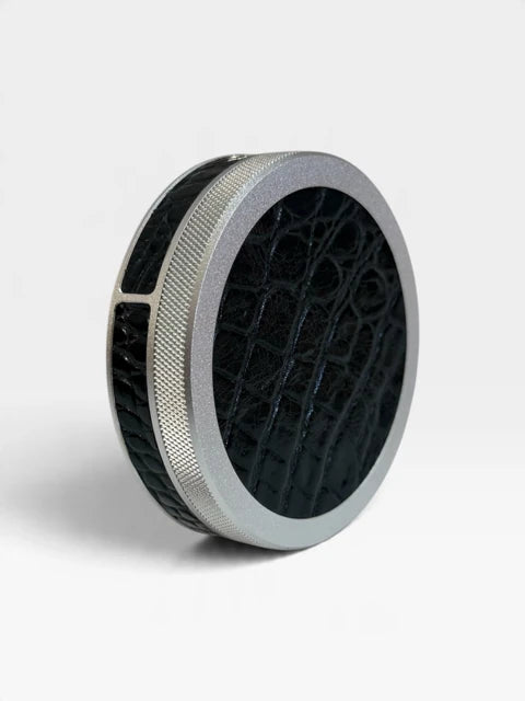 Upright silver Ruk Slim Can with black croc-embossed genuine leather and a knurled lid.